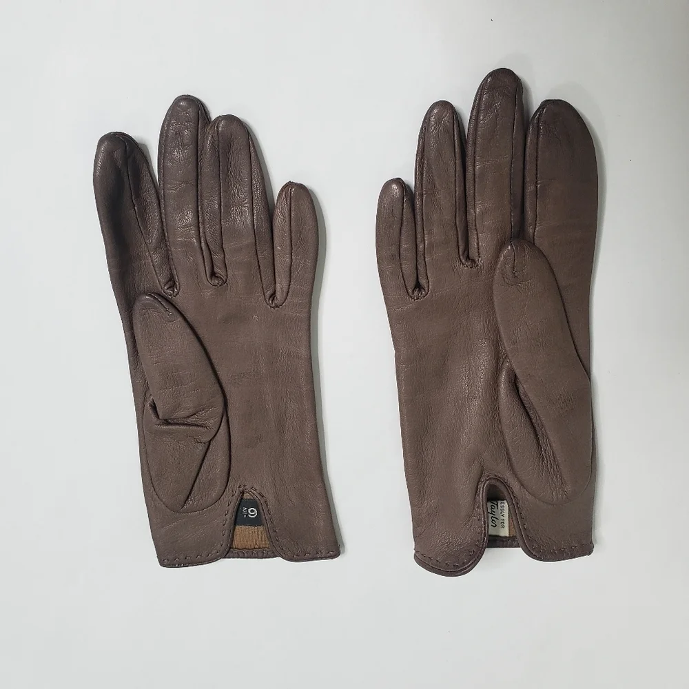 Vintage Lord & Taylor Taupe brown leather driving gloves silk lined size 6.5